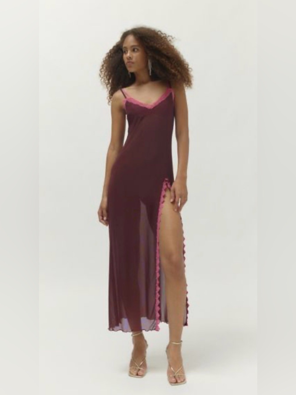 Urban Outfitters Out From Under Sheer Midi Slip Dress in burgundy